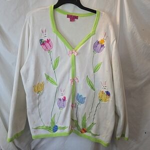 Vintage Bonnie Bell Cardigan Sweater Embroidered Easter Spring Theme Beaded 2X